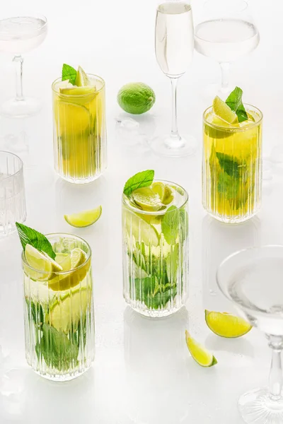 Classic Cocktail Mix Different Lemonades Mohito Glass White Background Lime Imagen De Stock