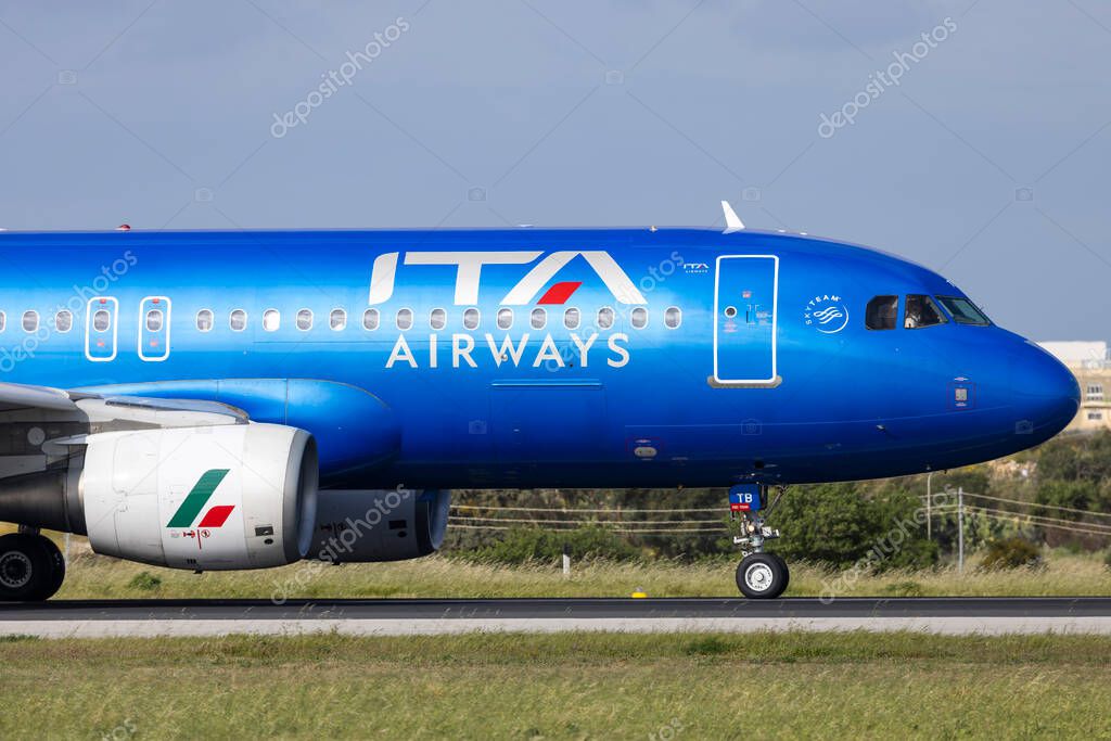 Luqa, Malta - April 3, 2023: ITA Airways Airbus A320-216 (Reg.: EI-DTB) returning to Rome Fiumicino airport.