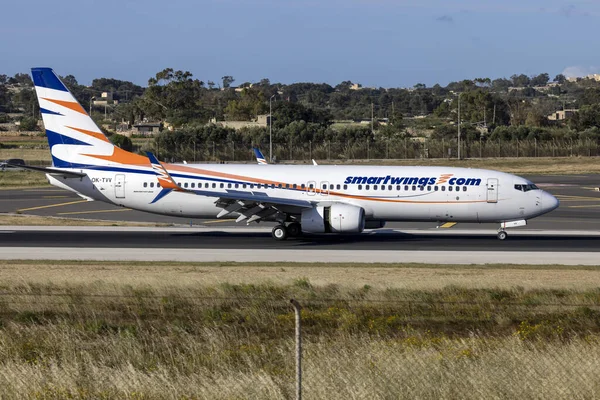 Stock image Luqa, Malta - April 17, 2023: Smart Wings Boeing 737-86N (REG: OK-TVV) operating Air Malt flight KM9911 from Prague.