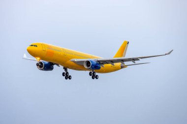 Luqa, Malta - 23 Haziran 2023: Correos Cargo (Orbest) Airbus A330-343 (Reg. : CS-TRH) yeni boyama için geliyor. Correos logoları daha koyu sarı boyalarla boyanmış..