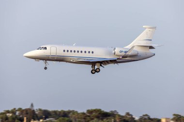 Luqa, Malta - 23 Haziran 2023: Air Alsie Dassault Falcon 2000LX (Reg. : OY-MGO) gece yarısı ışıklarına iniyor.