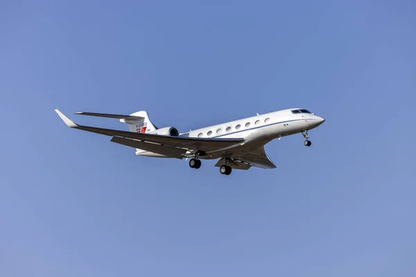 stock image Luqa, Malta - July 16, 2023: Gulfstream Aerospace G650ER (G-VI) (REG: P4-IFF) on finals 31 in the morning.