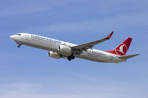 Luqa, Malta - September 3, 2023: Turkish Airlines Boeing 737-9F2-ER (REG: TC-JYD) taking off from runway 13.