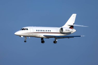 Luqa, Malta - 8 Ekim 2023: NetJets Dassault Falcon 2000EX EASy (REG: CS-DLJ) iniş pisti 31.