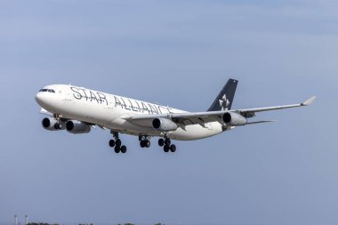 Luqa, Malta - 2 Aralık 2023: Yıldız İttifakı (Lufthansa) Airbus A340-313 (REG: D-AIGW) bakım için Malta 'ya LTM.