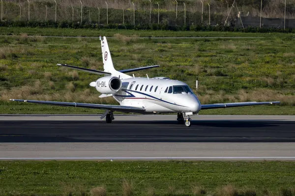 stock image Luqa, Malta - February 3, 2024: Prince Aviation Cessna 560XL Citation XLS (REG: YU-SVL) making a 180 degrees turn for take off.