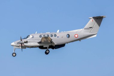 Luqa, Malta - March 24, 2024: Maltese Armed Forces Hawker Beechcraft B200 King Air (Reg.: AS1227) landing after a SAR mission over the Mediterranean. clipart