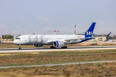 Luqa, Malta - May 15, 2024: Scandinavian Airlines - SAS Airbus A350-941 (Reg.: SE-RSC) arriving for servicing at LTM.