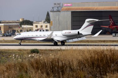 Luqa, Malta - May 15, 2024: Qatar Executive Gulfstream Aerospace G650ER (G-VI) (REG: A7-CGM) landing runway 13.
