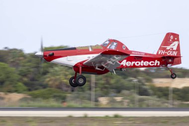 Luqa, Malta - September 25, 2024: Aerotech Australasia Pty Ltd Air Tractor AT-802A (REG: VH-OUN) landing for a tech stop on ferry flight. clipart