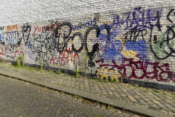 Maastricht, Hollanda - 28 Ekim 2024: Şehrin bir banliyösündeki duvarlara grafiti.