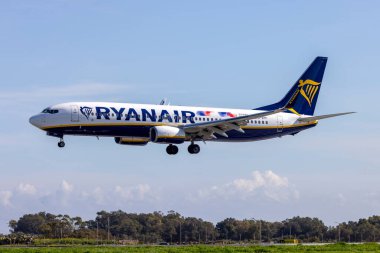 Luqa, Malta - 17 Şubat 2025: Ryanair Boeing 737-8AS (REG: EI-EFF) Polonya 'nın Kujawy Pomorze ilinin uçak gövdesiyle tanıtımı.
