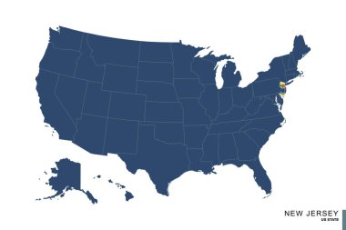 New Jersey Eyaleti, Amerika Birleşik Devletleri 'nin mavi haritasında. New Jersey bayrağı ve haritası.