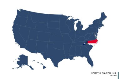 Kuzey Carolina Eyaleti, Amerika Birleşik Devletleri 'nin mavi haritasında. Kuzey Carolina bayrağı ve haritası.