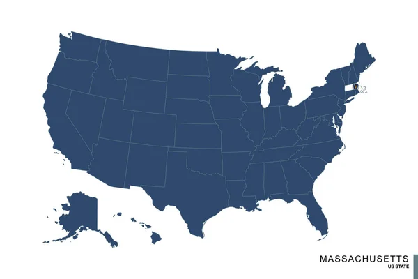 Stato Del Massachusetts Sulla Mappa Blu Degli Stati Uniti America — Vettoriale Stock