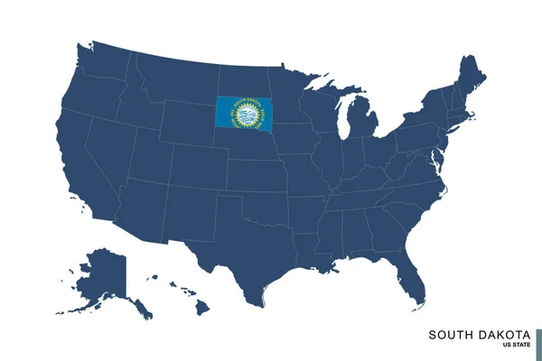 Estado Dakota Del Sur Mapa Azul Estados Unidos América Bandera — Vector de stock