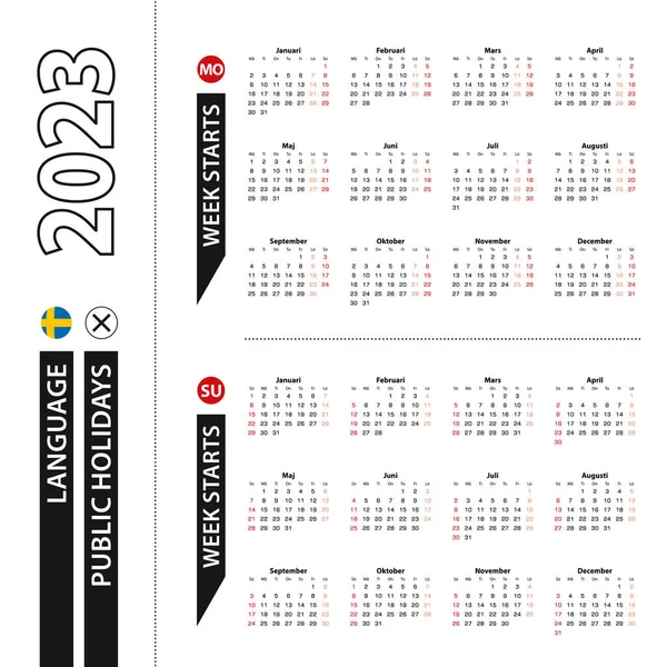 スウェーデン語で2023年のカレンダーの2つのバージョン 週は月曜日から始まり 週は日曜日から始まります — ストックベクタ