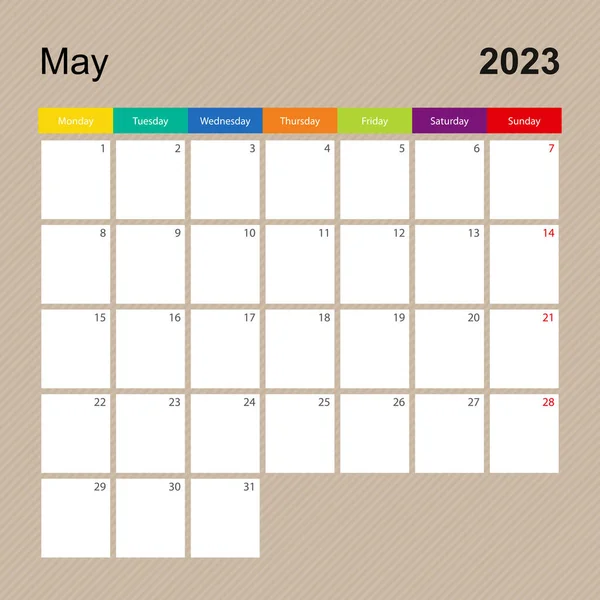 Kalenderblatt Für Mai 2023 Wandplaner Mit Buntem Design Woche Beginnt — Stockvektor