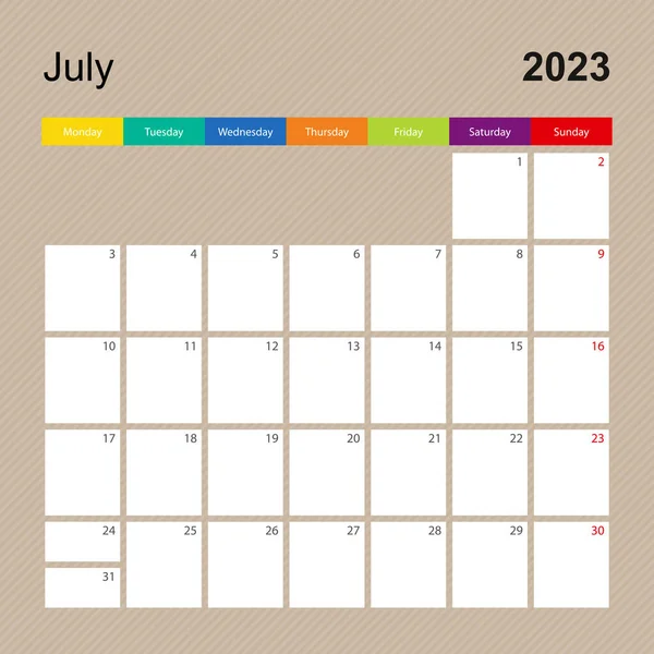Сторінка Календаря Липень 2023 Настінний Планувальник Барвистим Дизайном Тиждень Починається — стоковий вектор