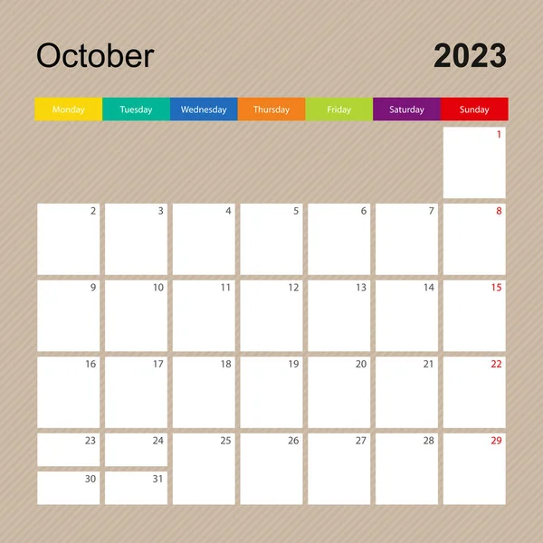 Página Calendário Para Outubro 2023 Planejador Parede Com Design Colorido — Vetor de Stock