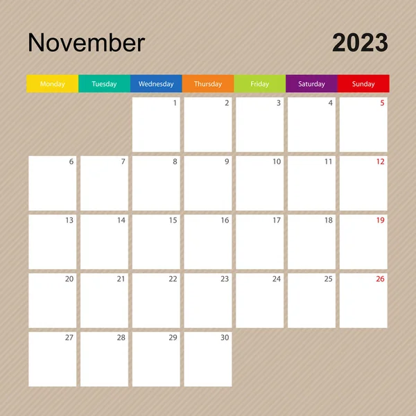 Kasım 2023 Takvim Sayfası Renkli Tasarımlı Duvar Planlayıcısı Hafta Pazartesi — Stok Vektör