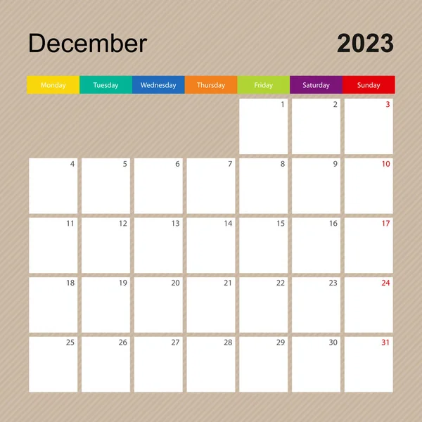 Strona Kalendarza Grudzień 2023 Projektant Ścian Kolorowym Wzorem Tydzień Zaczyna — Wektor stockowy