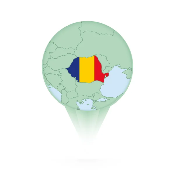 Rumania Mapa Elegante Ubicación Icono Con Rumania Mapa Bandera — Vector de stock