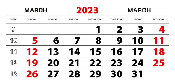 Calendário Parede 2023 Para Março Início Semana Partir Domingo — Vetor de Stock