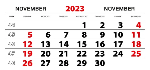 Настенный Календарь 2023 Ноябрь Неделя Начинается Воскресенья — стоковый вектор
