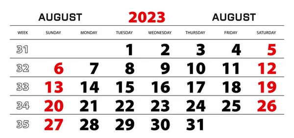 Wandkalender 2023 Voor Augustus Week Start Vanaf Zondag — Stockvector