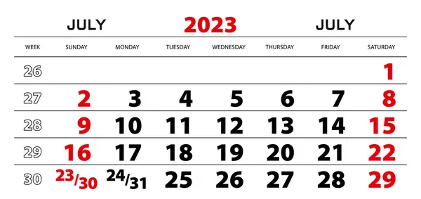 Wandkalender 2023 Voor Juli Week Start Vanaf Zondag — Stockvector