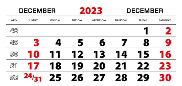 壁カレンダー2023年12月 1週間日曜日から始まる — ストックベクタ