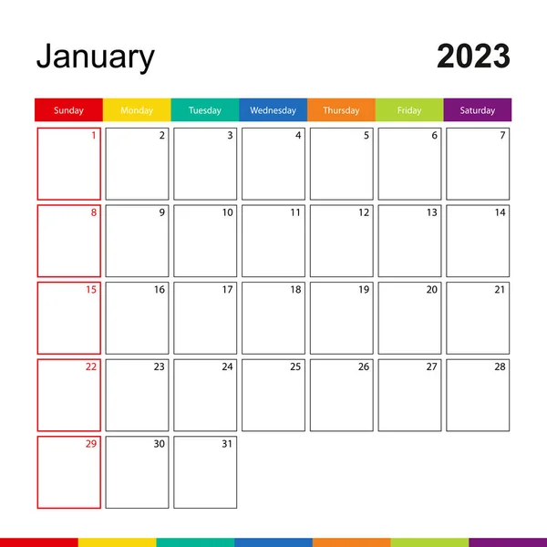 2023 Ocak Renkli Duvar Takvimi Hafta Pazar Günü Başlıyor — Stok Vektör