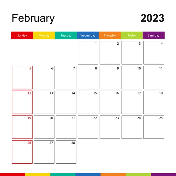Fevereiro 2023 Calendário Parede Colorido Semana Começa Domingo — Vetor de Stock