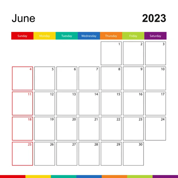 Czerwiec 2023 Kolorowy Kalendarz Ścienny Tydzień Zaczyna Się Niedzielę — Wektor stockowy