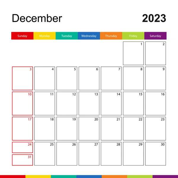 Grudzień 2023 Kolorowy Kalendarz Ścienny Tydzień Zaczyna Się Niedzielę — Wektor stockowy