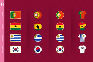 H Grubu futbol turnuvası bayrakları koleksiyonu, vektör simgeleri seti. Vektör illüstrasyonu.