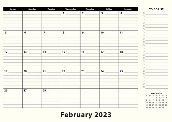 Fevereiro 2023 Calendário Mensal Almofadas Mesa Negócios — Vetor de Stock