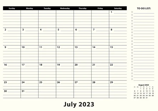 Juli 2023 Maandelijkse Business Desk Pad Kalender — Stockvector