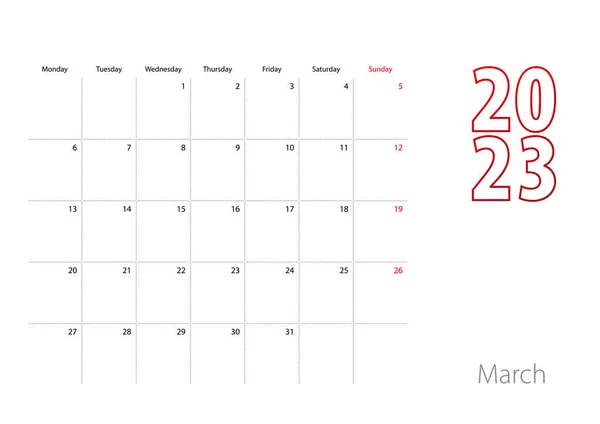 Calendar March 2023 Modern Design Planner Template — Stock Vector