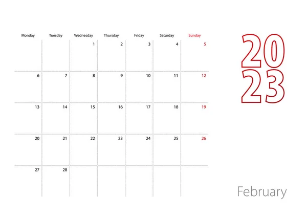 Ημερολόγιο Φεβρουαρίου 2023 Μοντέρνο Σχεδιασμό Πρότυπο Σχεδιαστή — Διανυσματικό Αρχείο