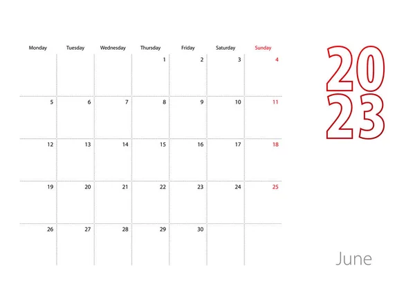 Kalender Für Juni 2023 Modernem Design Planervorlage — Stockvektor