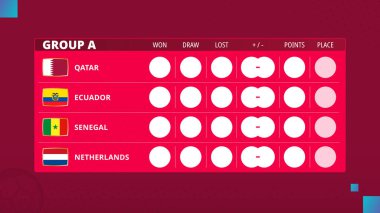 A grubunun 2022 numaralı futbol kupası masası. A Grubu futbol müsabakası için program. Vektör illüstrasyonu.