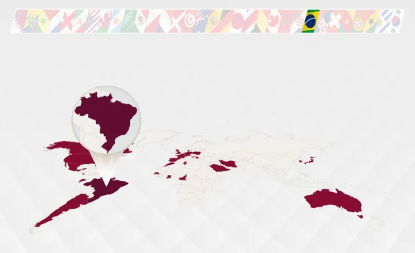 Ingrandisci Mappa Del Brasile Selezionata Sulla Mappa Del Mondo Prospettiva — Vettoriale Stock