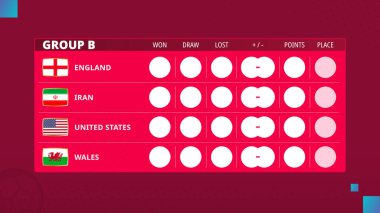 Futbol kupası 2022 'de B grubunun masası. B Grubu futbol müsabakası için program. Vektör illüstrasyonu.