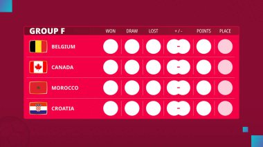 Futbol kupası 2022 'de F grubunun masası. F Grubu futbol müsabakası için program. Vektör illüstrasyonu.