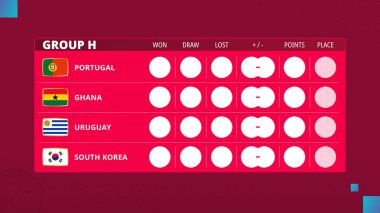 Futbol kupası 2022 'de H grubunun masası. H Grubu futbol müsabakası için program. Vektör illüstrasyonu.