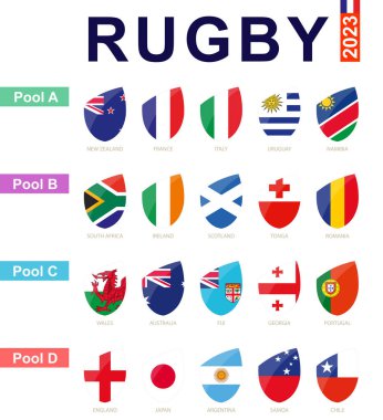 Rugby 2023, tüm rugby turnuva havuzları ve bayrağı. Vektör bayrağı ayarlandı.