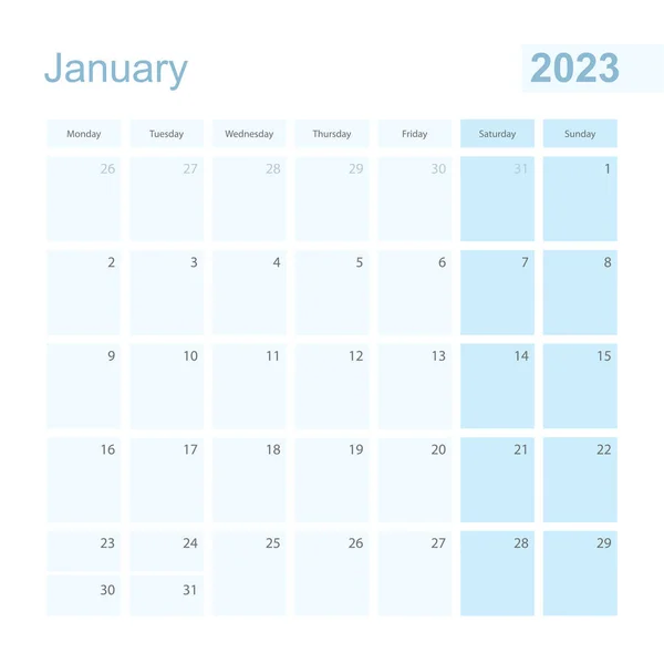2023 Janeiro Parede Planejador Cor Pastel Azul Semana Começa Segunda — Vetor de Stock