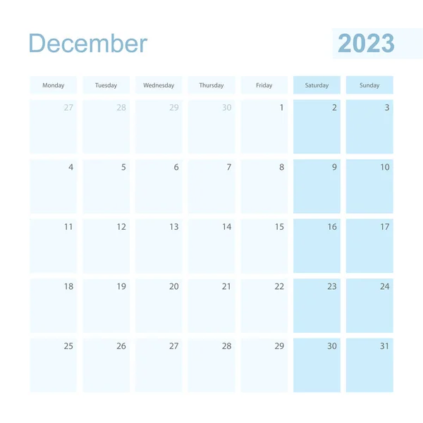 2023 Aralık Mavi Pastel Renkli Duvar Planlayıcısı Hafta Pazartesi Başlıyor — Stok Vektör